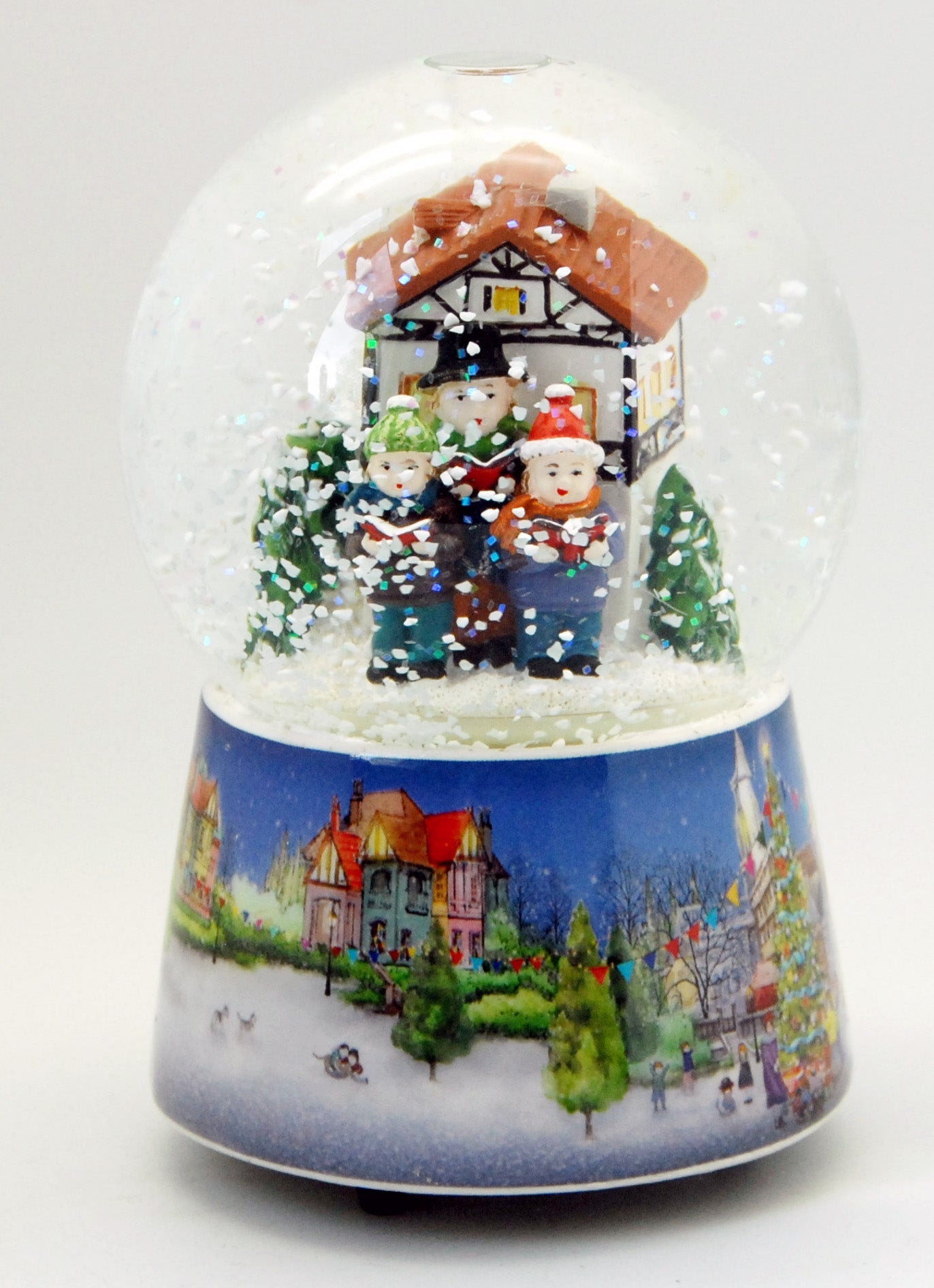 Nostalgie-Schneekugel Adventssinger auf Weihnachtsmarkt mit Musikspieluhr Stille Nacht Heilige Nacht - Luftblase - Schneekugelhaus