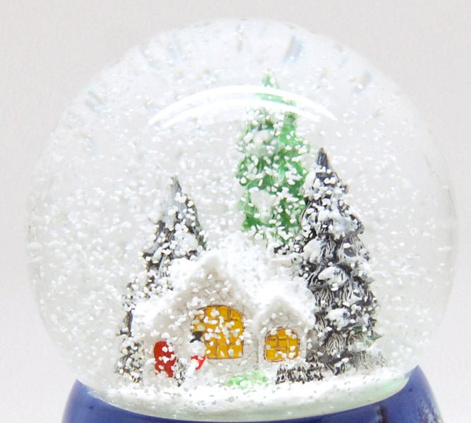 Nostalgie-Schneekugel mit Schneemann vor Hütte mit Snowmotion, LED und Spieluhr - Schneekugelhaus