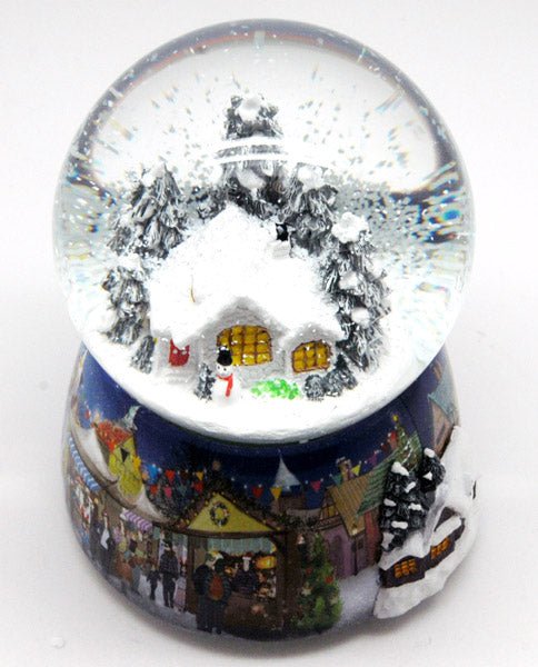 Nostalgie-Schneekugel mit Schneemann vor Hütte mit Snowmotion, LED und Spieluhr - Schneekugelhaus