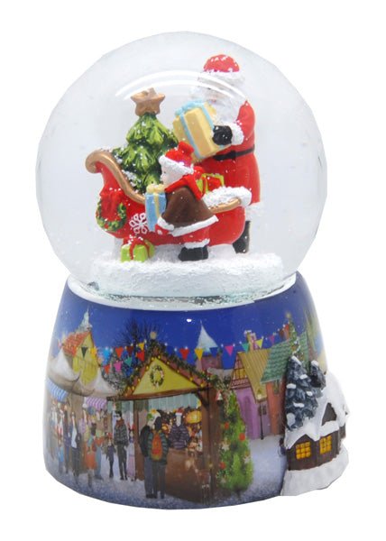 Nostalgie-Schneekugel mit Weihnachtsmann mit Schlitten mit Snowmotion, LED und Spieluhr - Schneekugelhaus