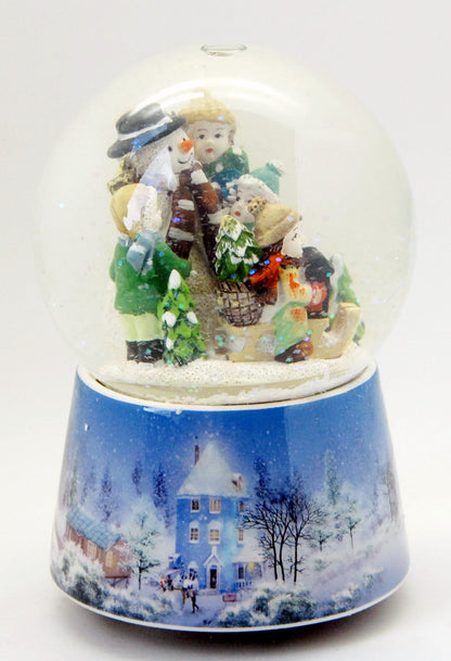 Nostalgie-Schneekugel Schneemann bauen mit Musikspieluhr "White Christmas"- Luftblase - Schneekugelhaus