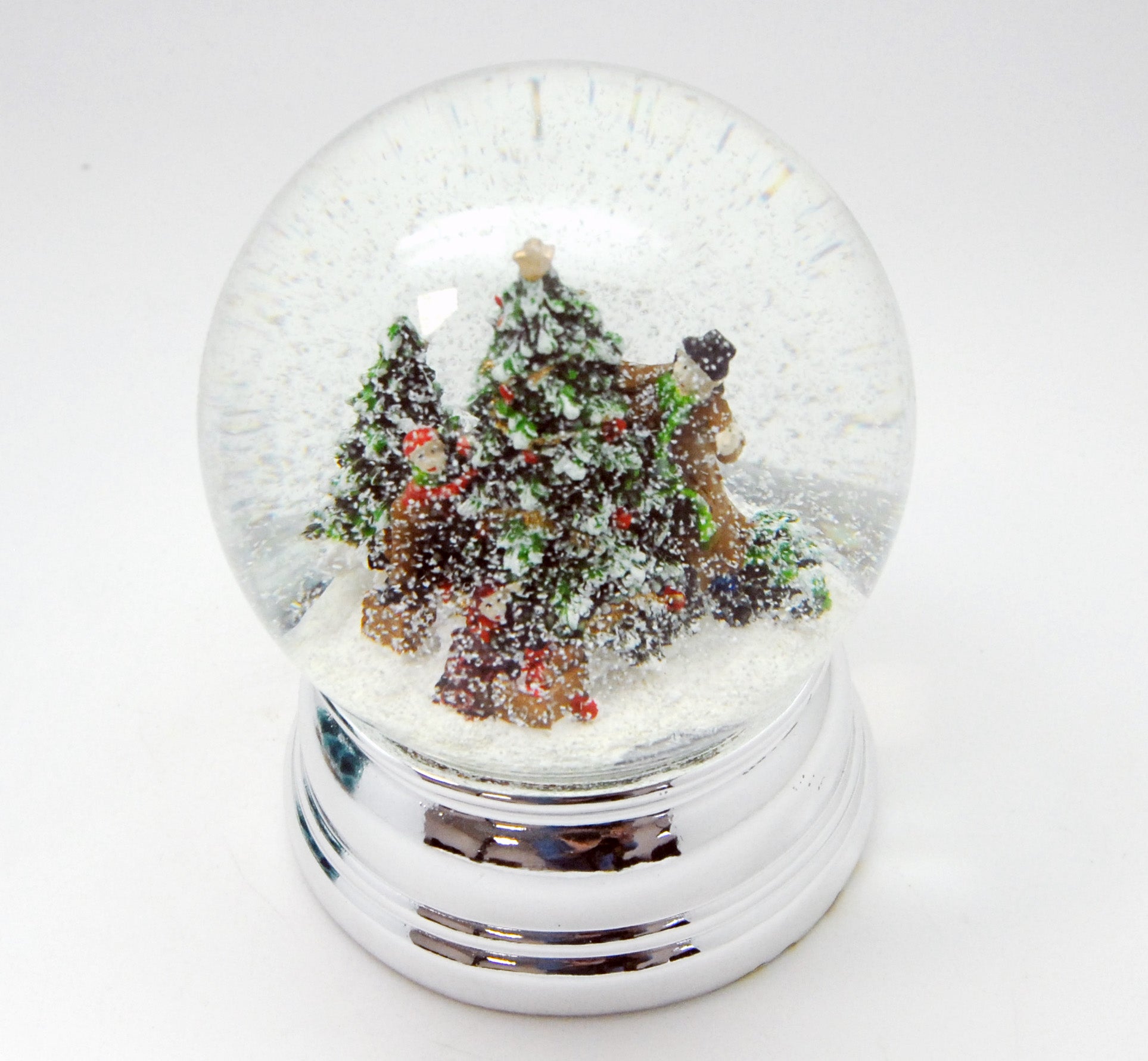 Schneekugel Christbaum schmücken auf Sockel silber rund geschwungen 10 cm Durchmesser - Schneekugelhaus