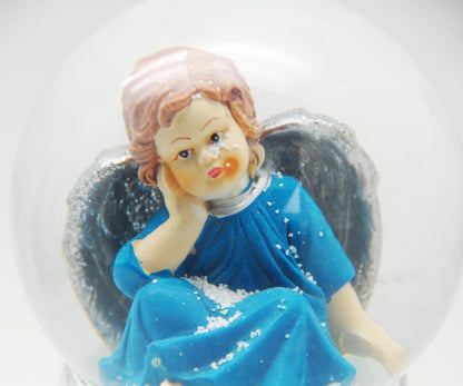 Schneekugel Engel blau auf Sockel Silber mit Sternen mit Spieluhr - Schneekugelhaus
