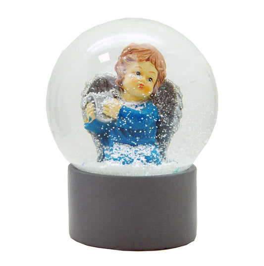 Schneekugel Engel blau mit Harfe auf Sockel grau rund "PURE-Line" 10 cm Durchmesser - Schneekugelhaus