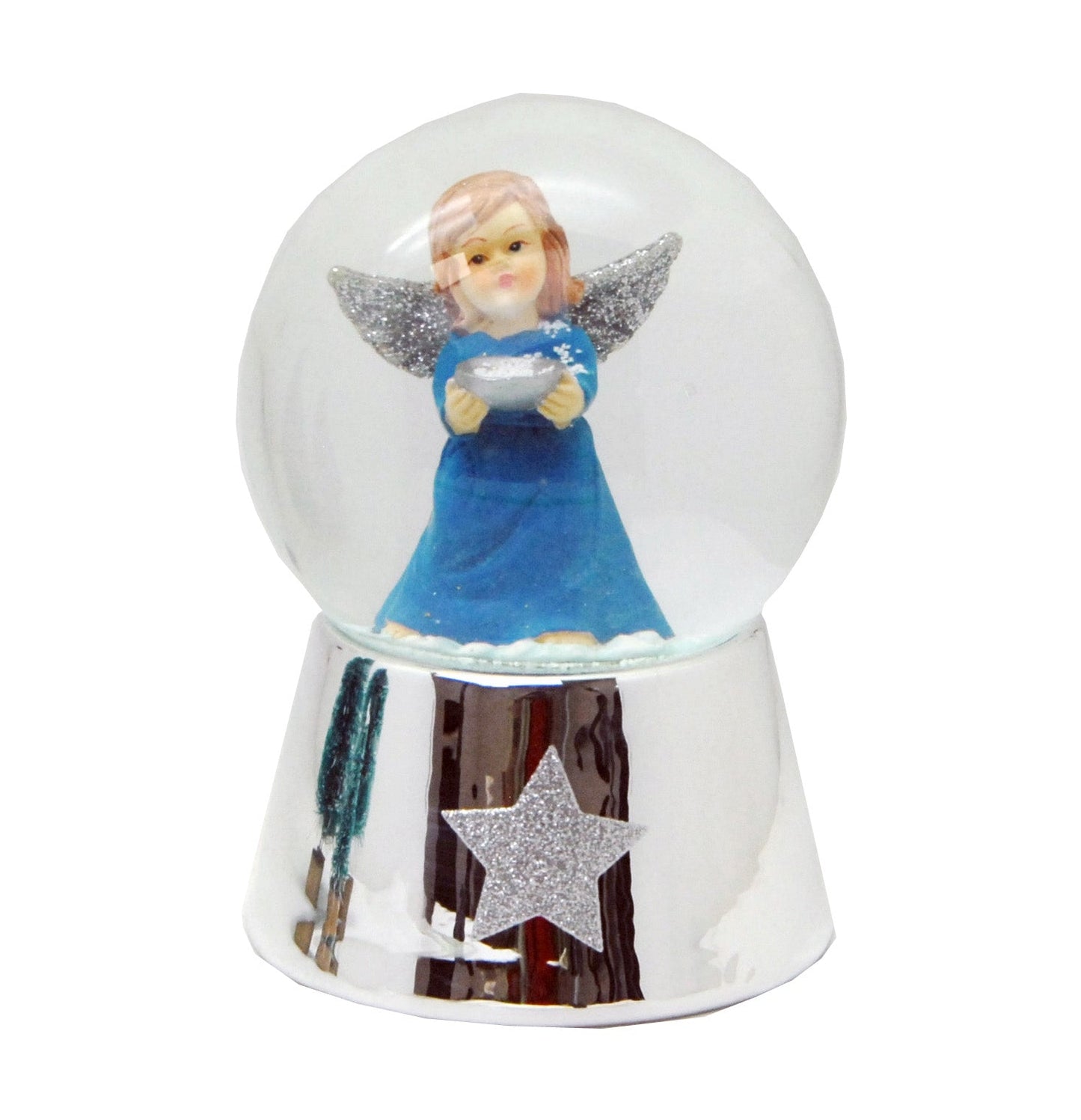 Schneekugel Engel blau mit Schale auf Sockel Silber mit Sternen mit Spieluhr - Schneekugelhaus
