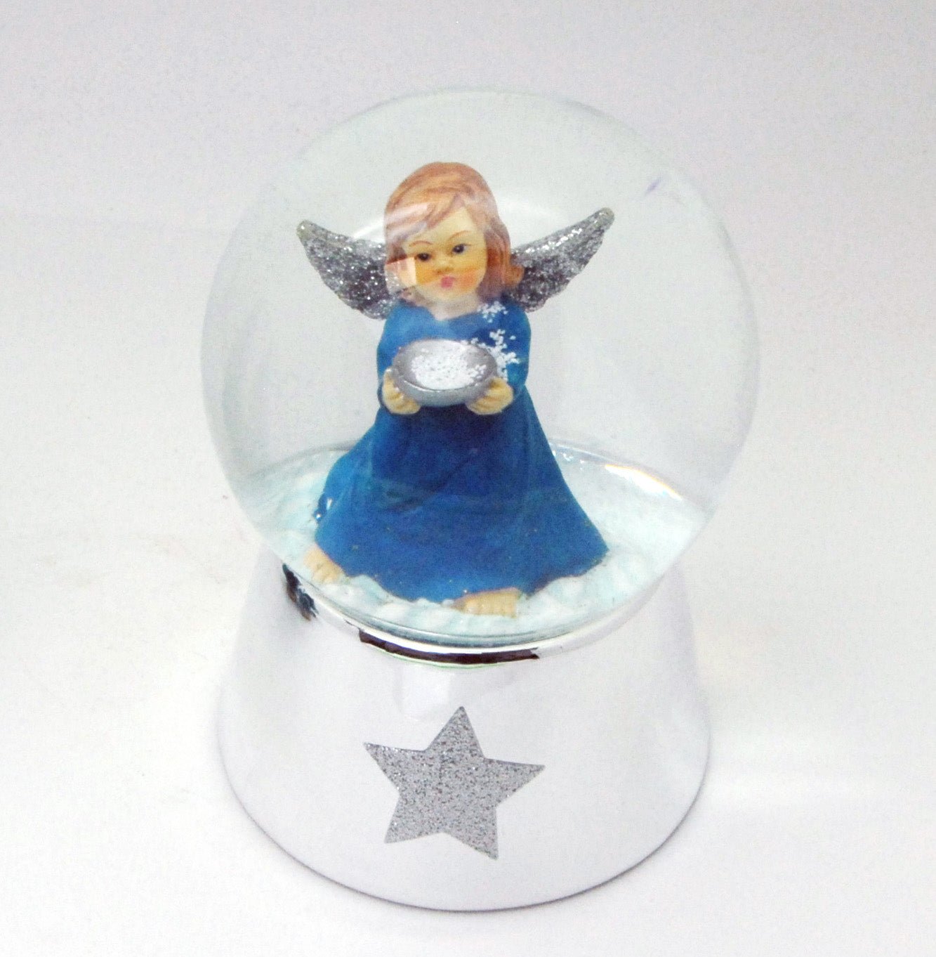 Schneekugel Engel blau mit Schale auf Sockel Silber mit Sternen mit Spieluhr - Schneekugelhaus