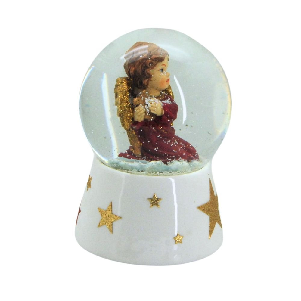 Schneekugel Engel rot mit Harfe gold auf Sockel weiß mit Sternen gold rot mit Spieluhr 10 cm Durchmesser - Schneekugelhaus