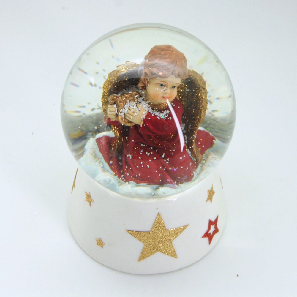 Schneekugel Engel rot mit Harfe gold auf Sockel weiß mit Sternen gold rot mit Spieluhr 10 cm Durchmesser - Schneekugelhaus