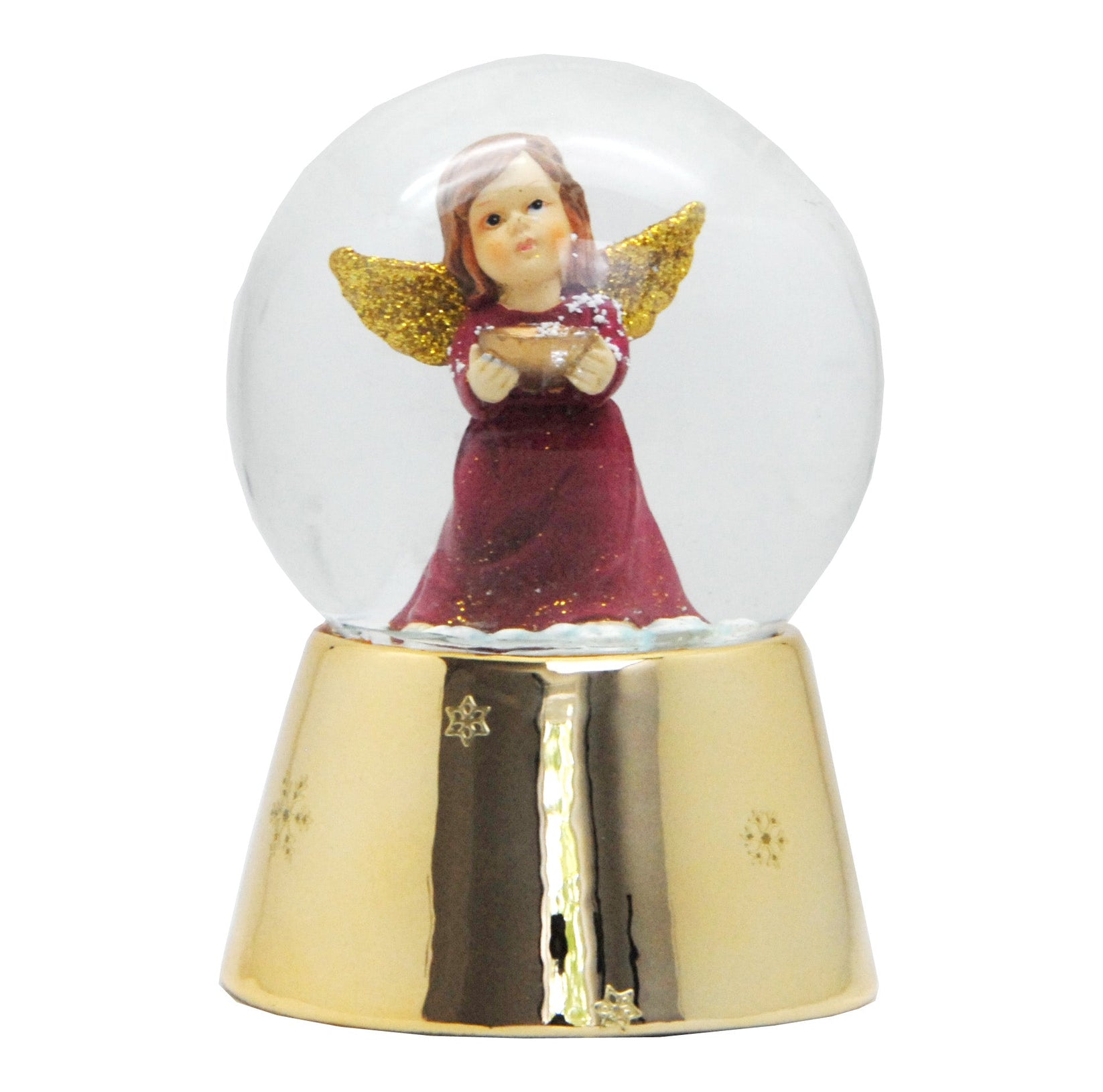 Schneekugel Engel rot mit Schale gold auf Sockel gold mit Sternen mit