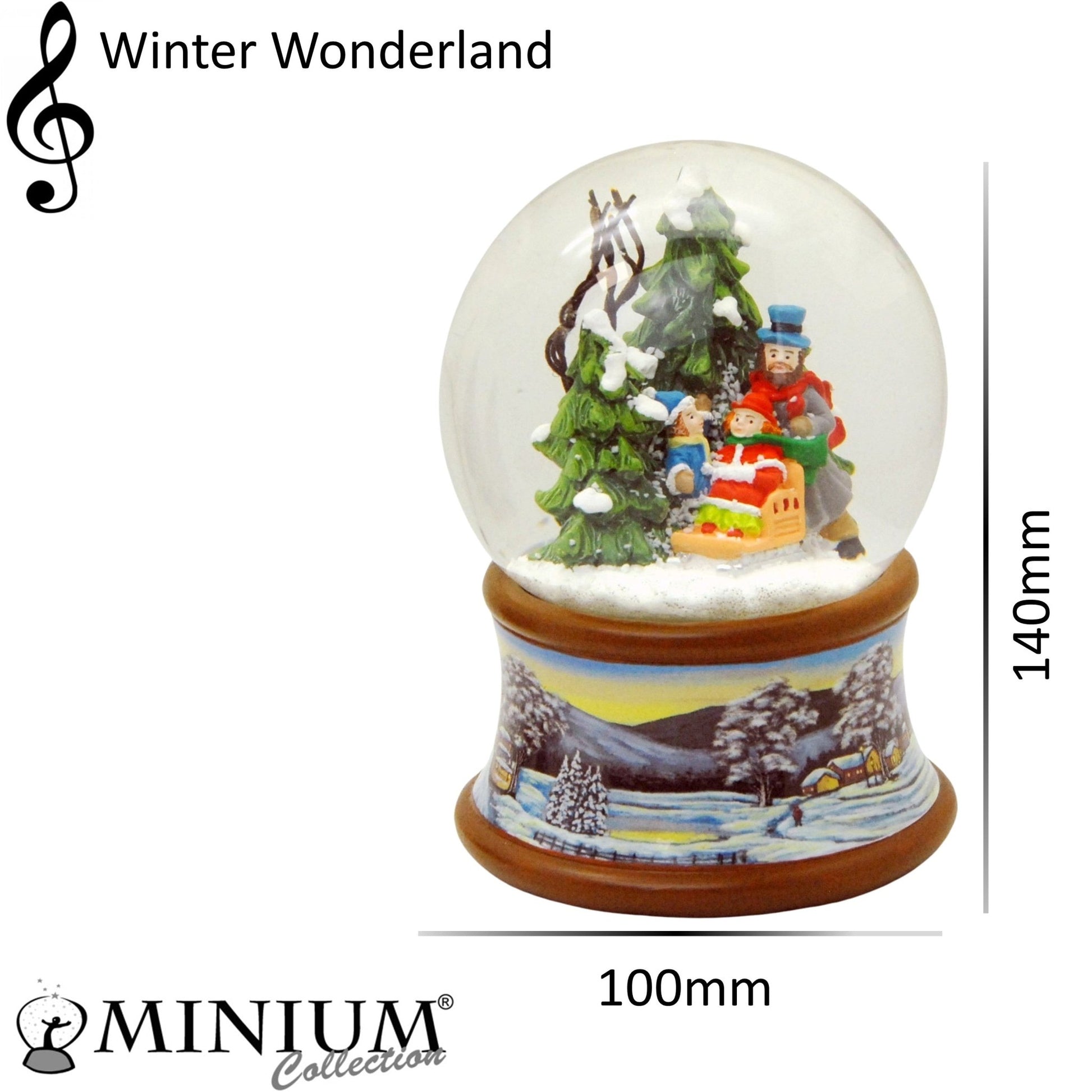 Schneekugel Familie mit Schlitten im Winterwald auf Sockel Winterlandschaft braun mit Spieluhr 10 cm Durchmesser - Schneekugelhaus