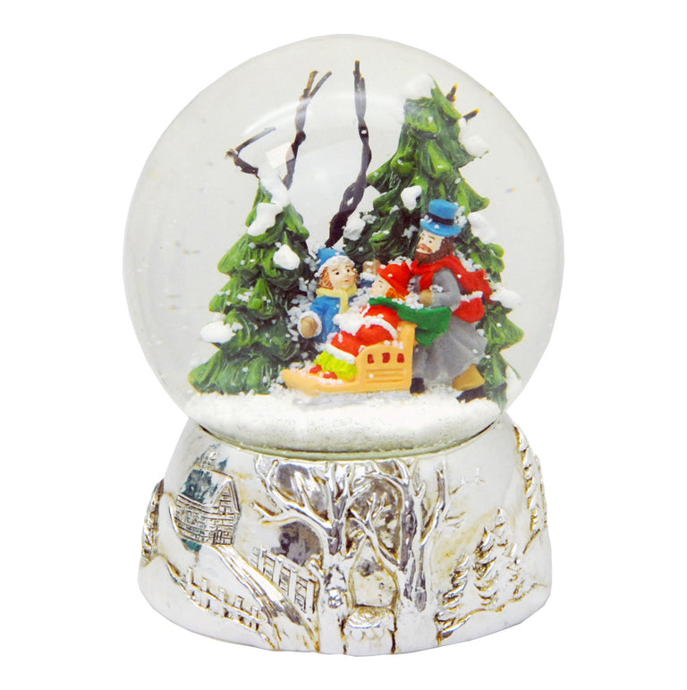 Schneekugel Familienspaziergang im Winterwald Silber Sockel Landschaft mit Spieluhr Jingle Bells - Schneekugelhaus