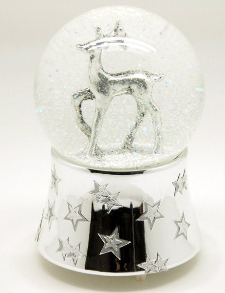 Schneekugel Hirsch silber mit Silber-Sockel mit Sternen und Musik - Schneekugelhaus