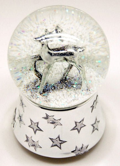 Schneekugel Hirsch silber mit Silber-Sockel mit Sternen und Musik - Schneekugelhaus