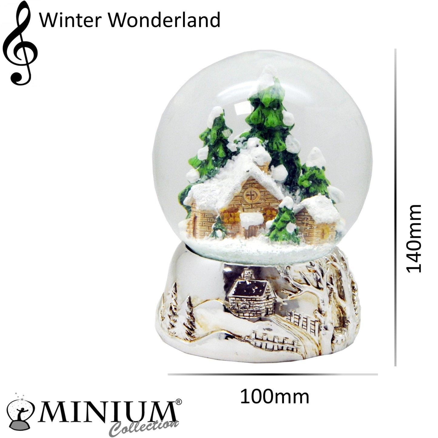 Schneekugel Hüttenzauber auf Silber Sockel Landschaft mit Spieluhr Winter Wonderland 10 cm Durchmesser - Schneekugelhaus
