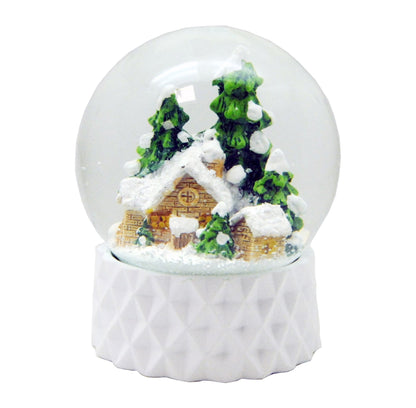 Schneekugel Hüttenzauber auf Sockel weiß kubisch "PURE-Line" 10 cm Durchmesser - Schneekugelhaus