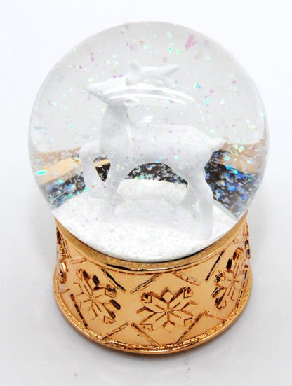 Schneekugel Reh weiß mit kupfergold-Sockel Schneeflocke mit Spieluhr - Luftblase - Schneekugelhaus