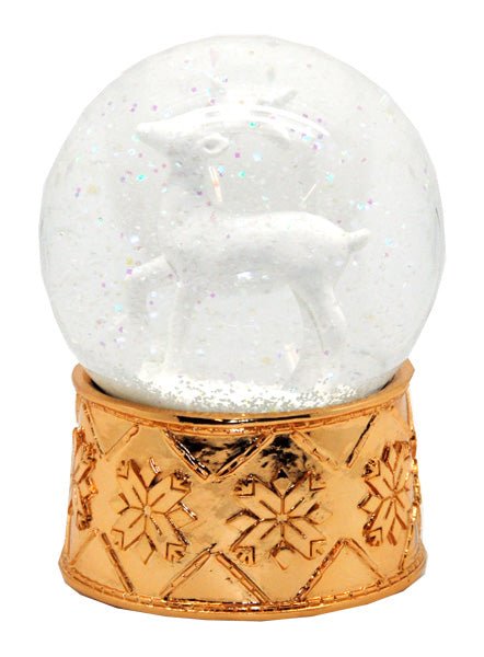 Schneekugel Reh weiß mit kupfergold-Sockel Schneeflocke mit Spieluhr - Luftblase - Schneekugelhaus