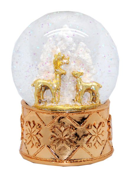 Schneekugel Rehe mit Baum mit kupfergold-Sockel Schneeflocke mit Spieluhr - Schneekugelhaus