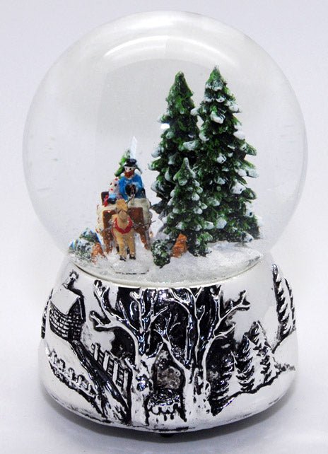 Schneekugel Romantische Kutschfahrt auf Silber-Sockel mit Spieluhr Jingle Bells - Schneekugelhaus