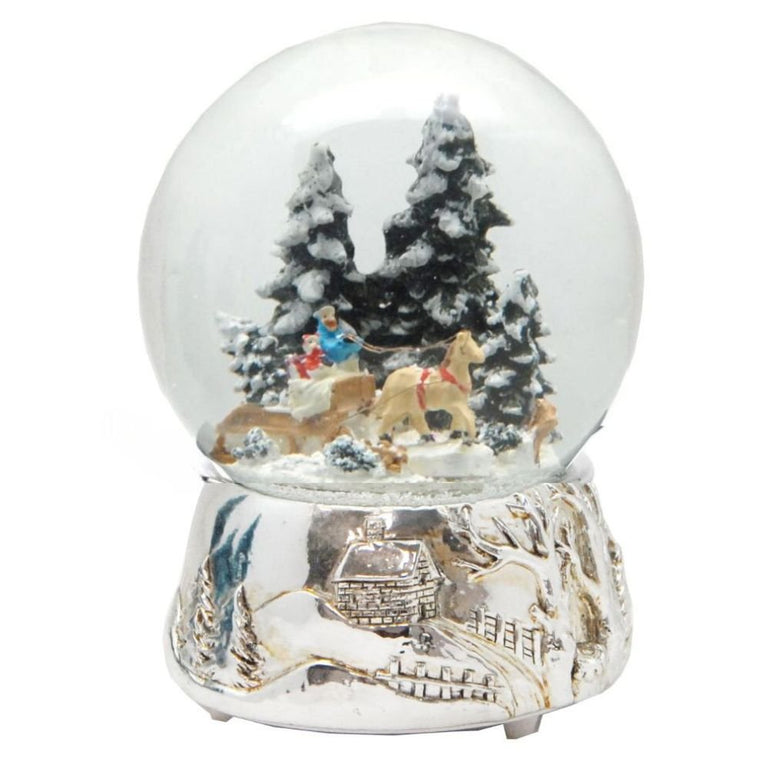 Schneekugel Romantische Kutschfahrt auf Silber-Sockel mit Spieluhr Winter Wonderland 10 cm Durchmesser - Schneekugelhaus
