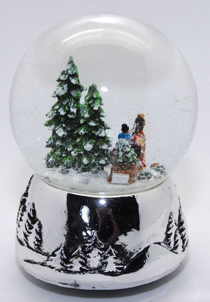 Schneekugel Romantische Kutschfahrt auf Silber-Sockel mit Spieluhr Winter Wonderland - Schneekugelhaus