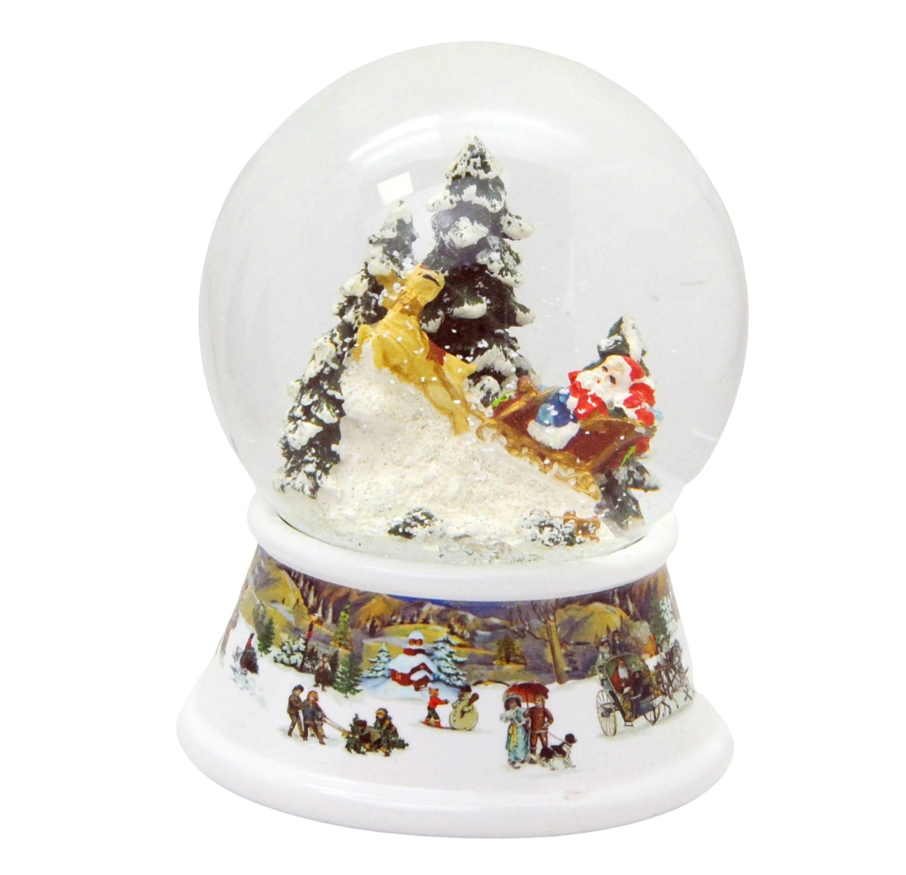 Schneekugel Santa im Schlitten bringt Geschenke auf Sockel nostalgische Schneelandschaft mit Spieluhr - Schneekugelhaus