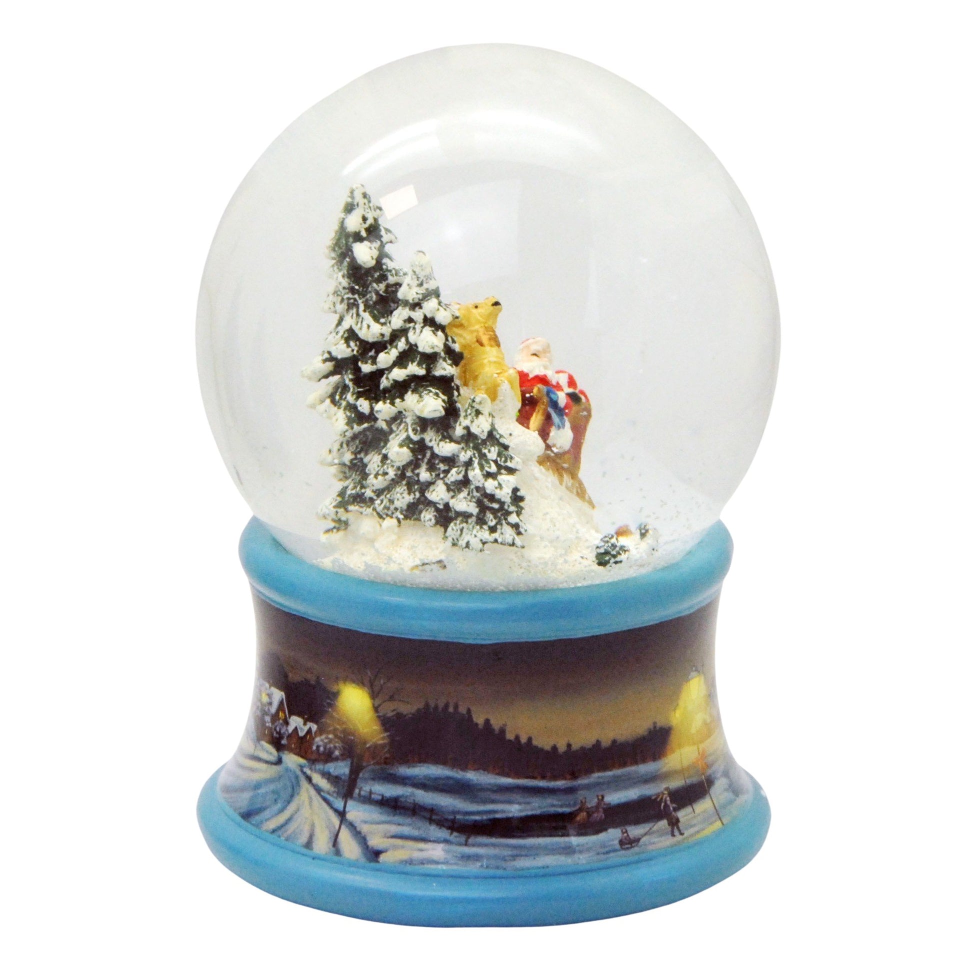 Schneekugel Santa im Schlitten bringt Geschenke auf Sockel Winterlandschaft Eisläufer blau mit Spieluhr - Schneekugelhaus