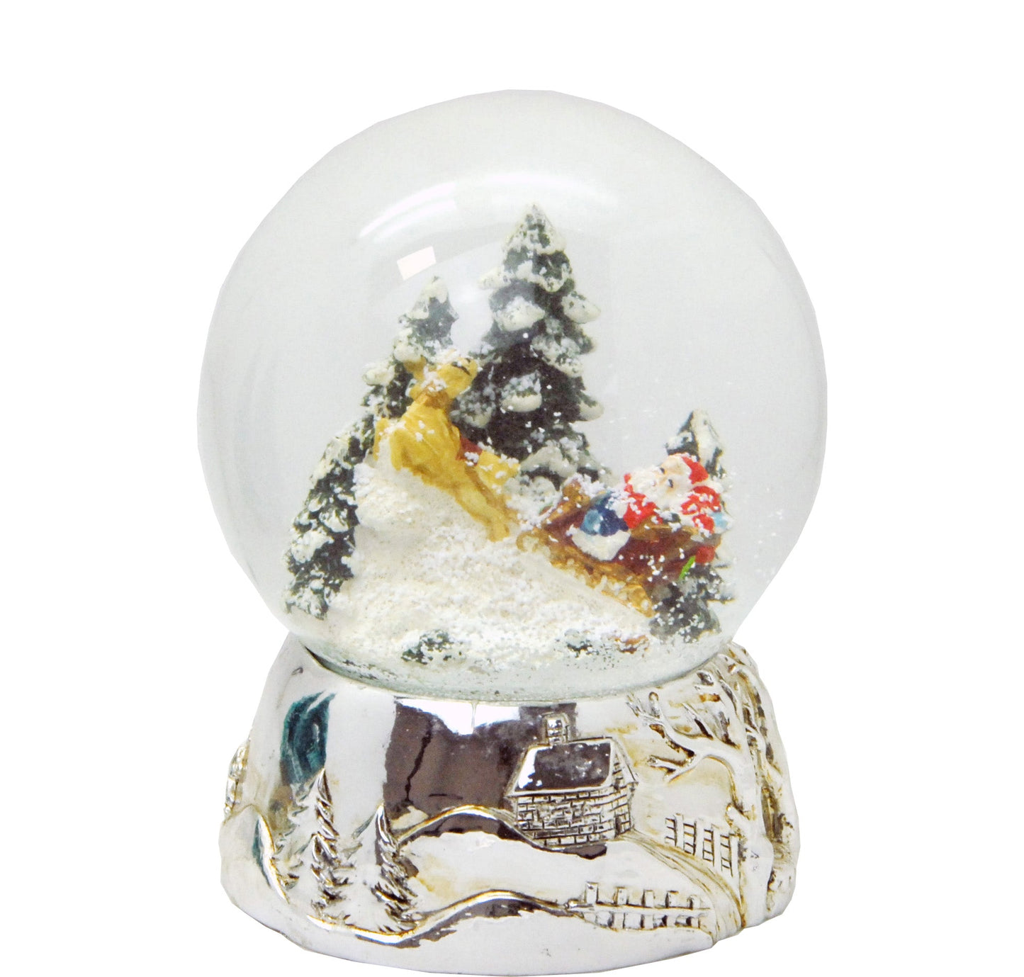 Schneekugel Santa im Schlitten mit Geschenken auf Silber Sockel mit Spieluhr We wish you a merry Christmas - Schneekugelhaus