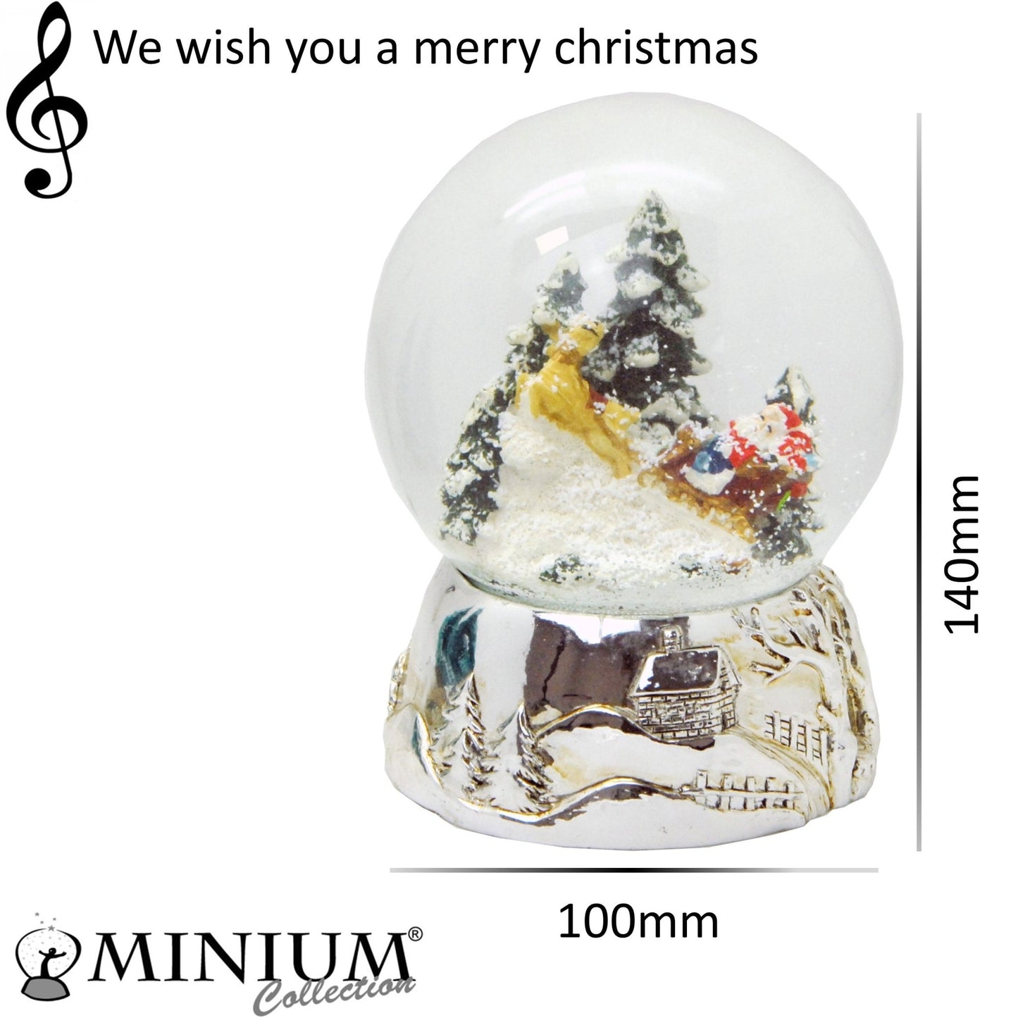 Schneekugel Santa im Schlitten mit Geschenken auf Silber Sockel mit Spieluhr We wish you a merry Christmas - Schneekugelhaus