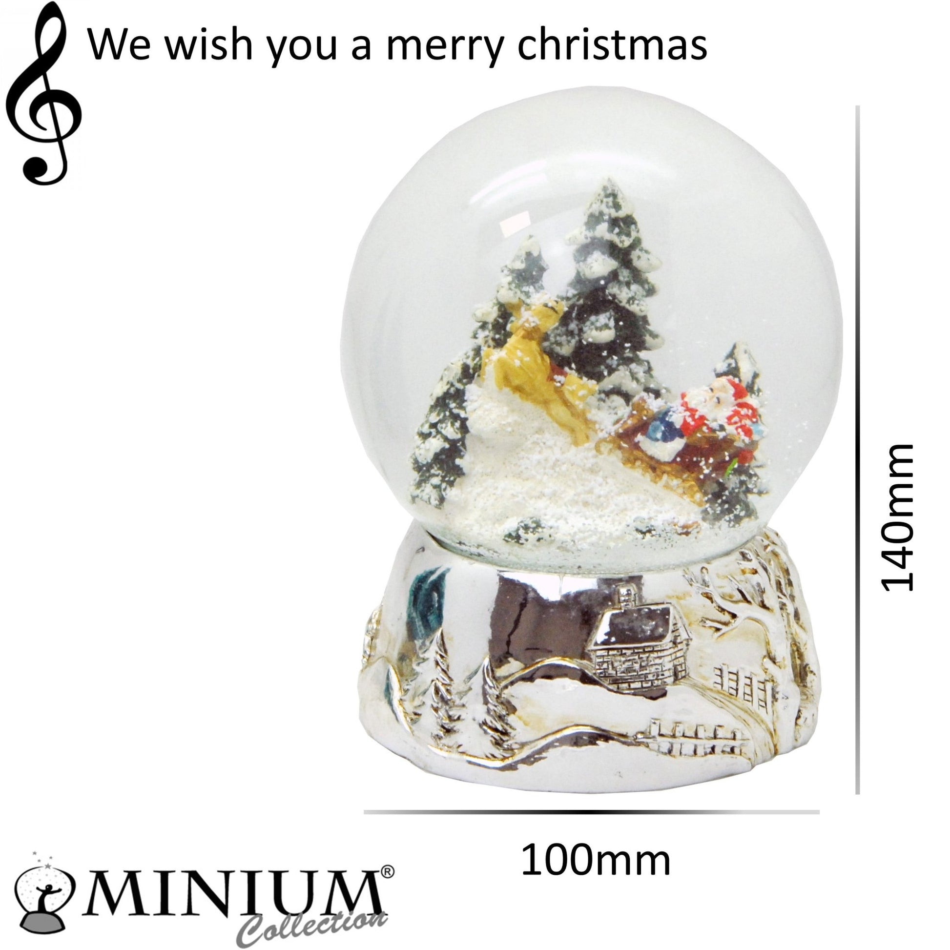 Schneekugel Santa im Schlitten mit Geschenken auf Silber Sockel mit Spieluhr We wish you a merry Christmas - Schneekugelhaus