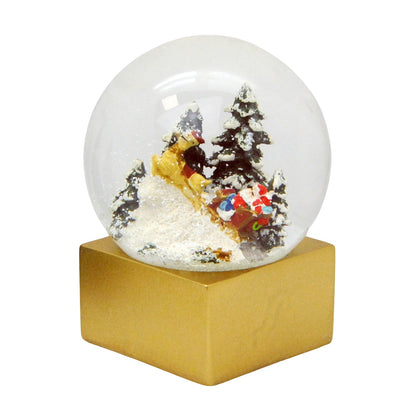 Schneekugel Santa kommt im Schlitten auf Sockel golden eckig "PURE-Line" 10 cm Durchmesser - Schneekugelhaus