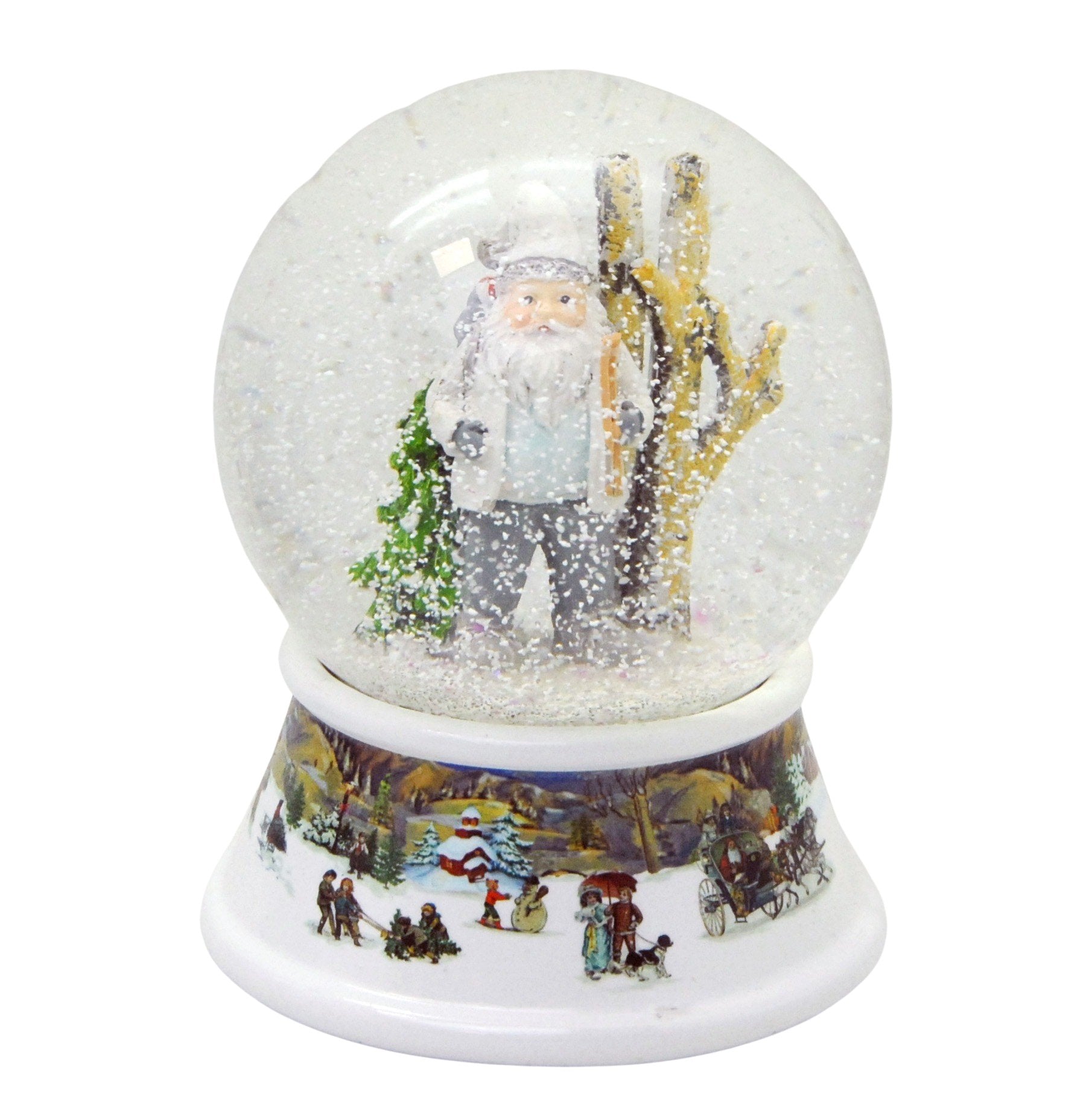 Schneekugel Santa weiß im Winterwald auf Sockel nostalgische Winterlandschaft mit Spieluhr 10 cm Durchmesser - Schneekugelhaus