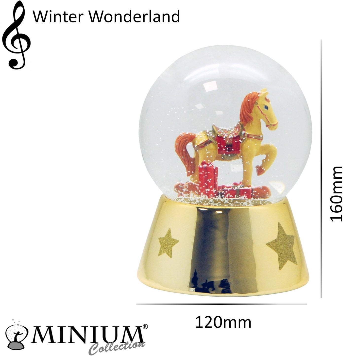 Schneekugel Schaukelpferd rot gold mit Geschenken Sockel gold mit Sternen mit Spieluhr 12 cm Durchmesser - Schneekugelhaus