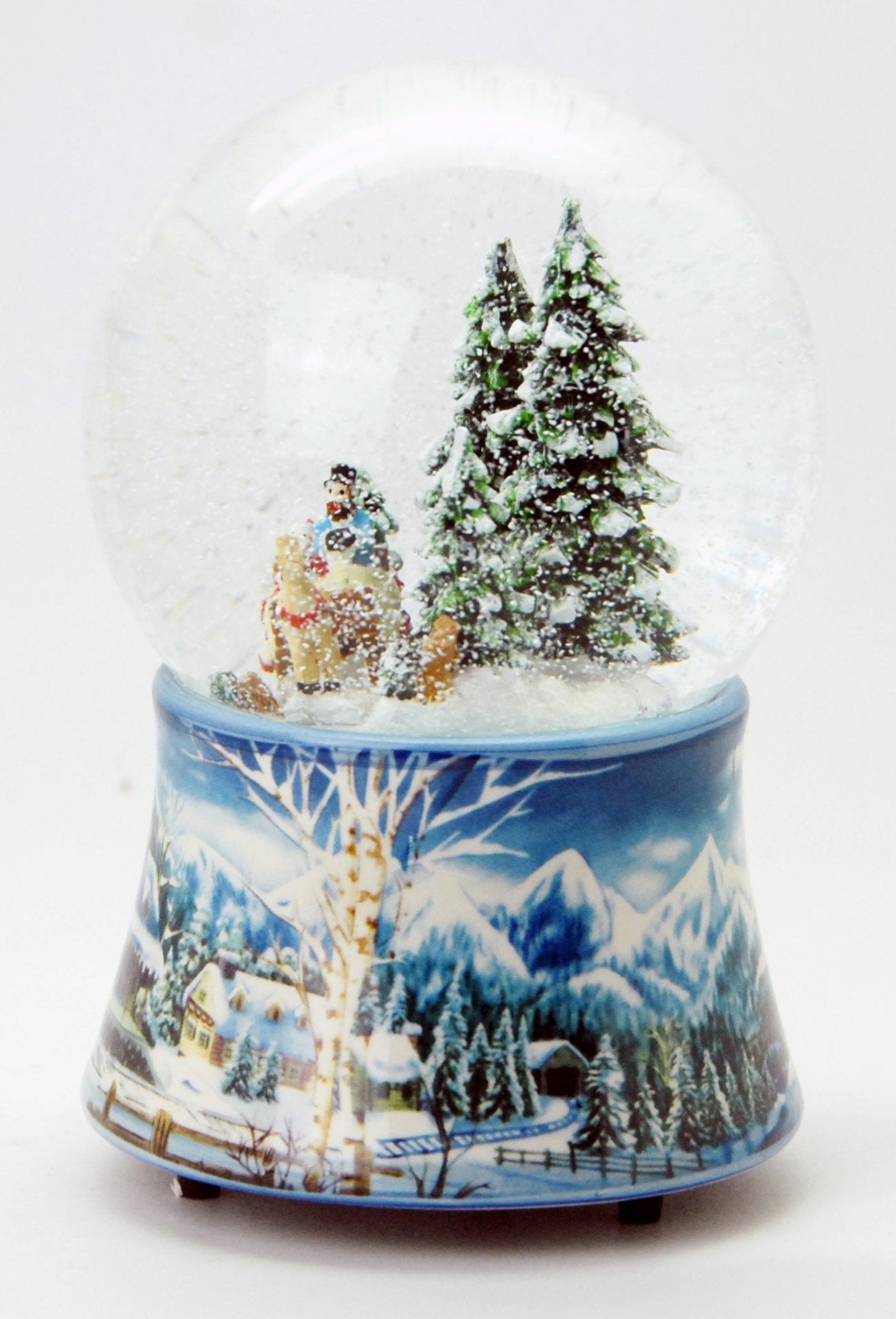 Schneekugel Schlittenfahrt auf Sockel Winterlandschaft mit Spieluhr 10 cm Durchmesser - Schneekugelhaus