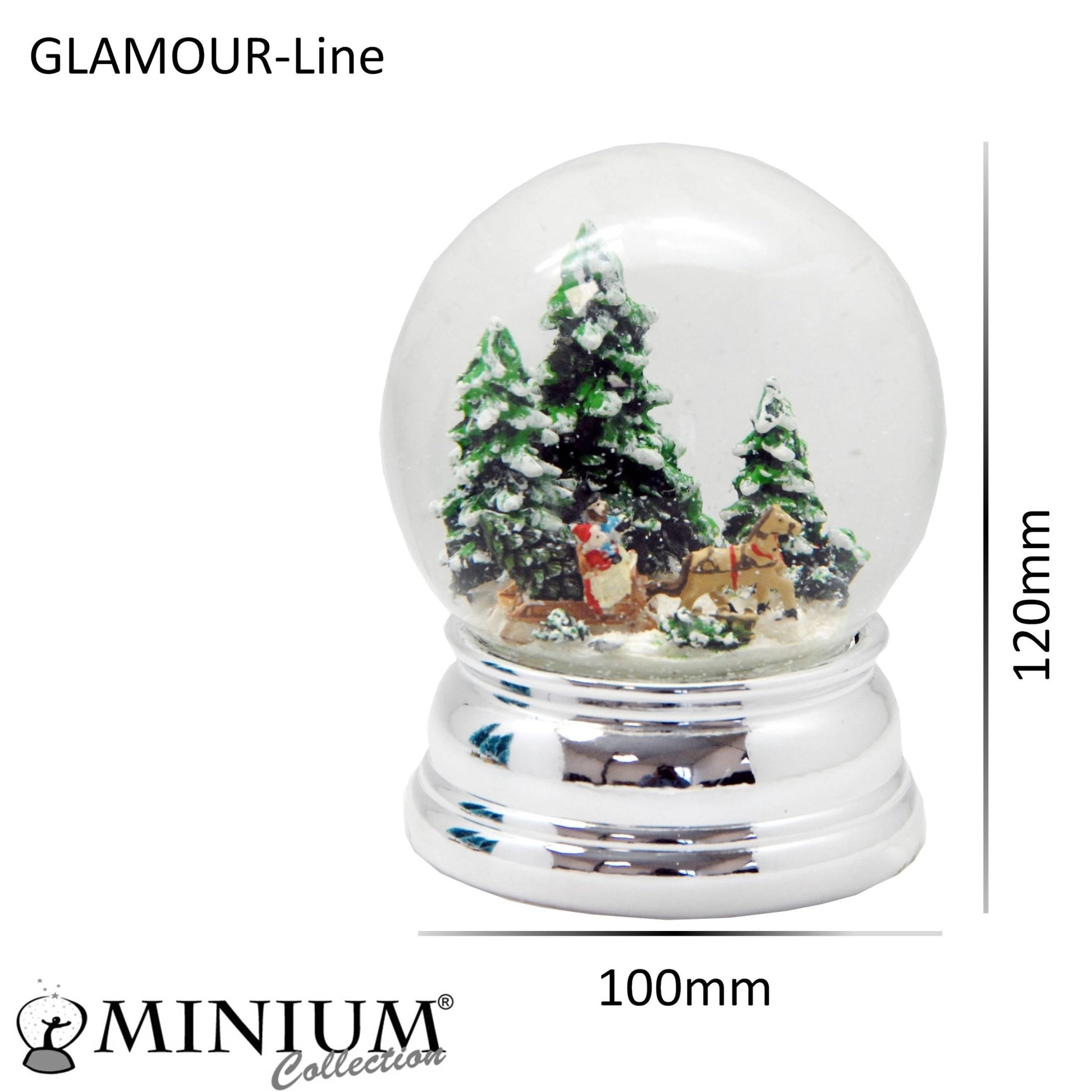 Schneekugel Schlittenfahrt Christbaum holen auf Sockel silber rund geschwungen 10 cm Durchmesser - Schneekugelhaus