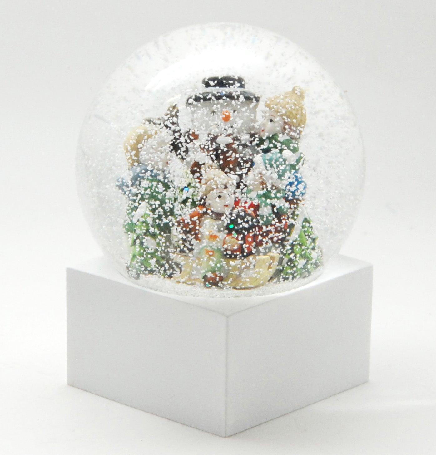Schneekugel Schneemann bauen auf Sockel weiß eckig "PURE-Line" 10 cm Durchmesser - Schneekugelhaus