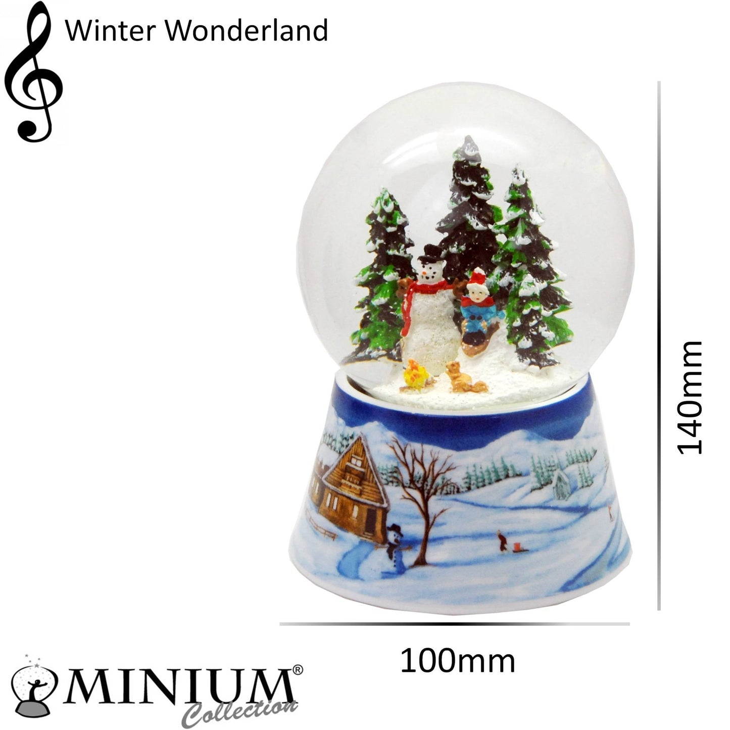 Schneekugel Schneemann bauen mit Lagerfeuer auf Sockel Winterlandschaft mit Spieluhr 10 cm Durchmesser - Schneekugelhaus