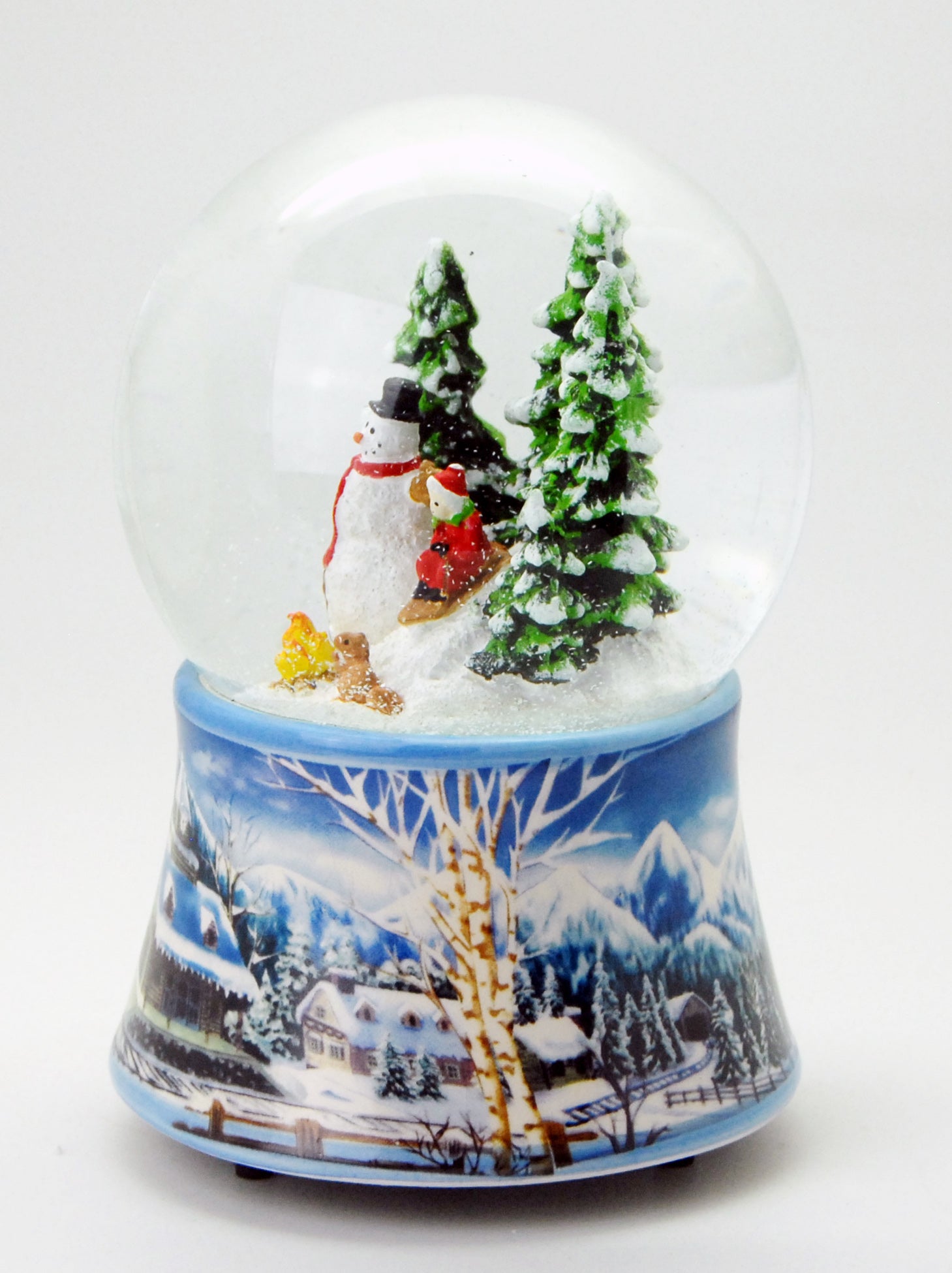 Schneekugel Schneemann mit Kind auf Schlitten mit Spieluhr 10 cm Durchmesser - Schneekugelhaus
