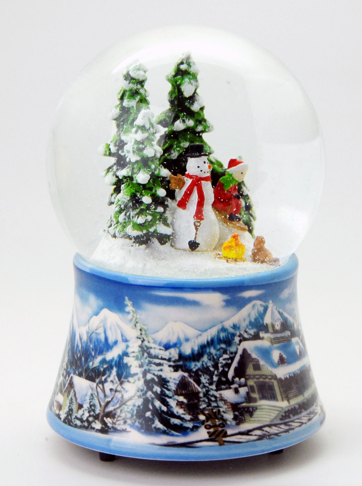 Schneekugel Schneemann mit Kind auf Schlitten mit Spieluhr 10 cm Durchmesser - Schneekugelhaus