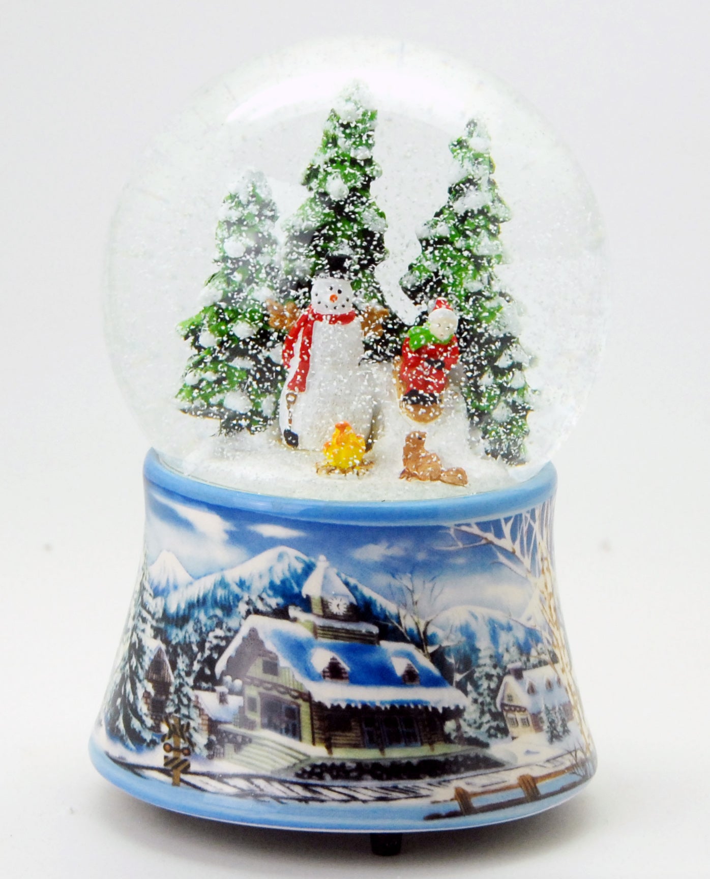 Schneekugel Schneemann mit Kind auf Schlitten mit Spieluhr 10 cm Durchmesser - Schneekugelhaus