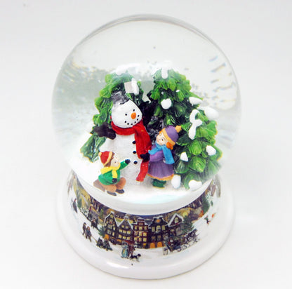Schneekugel Schneemann mit Kindern auf Sockel nostalgische Häuserlandschaft mit Spieluhr 10 cm Durchmesser - Schneekugelhaus