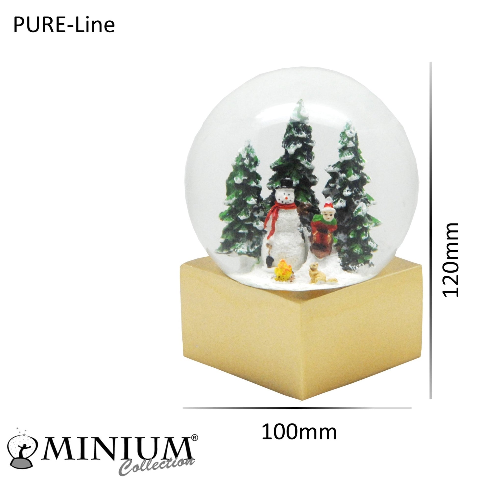 Schneekugel Schneemann steht vor Lagerfeuer auf Sockel golden eckig "PURE-Line" 10 cm Durchmesser - Schneekugelhaus