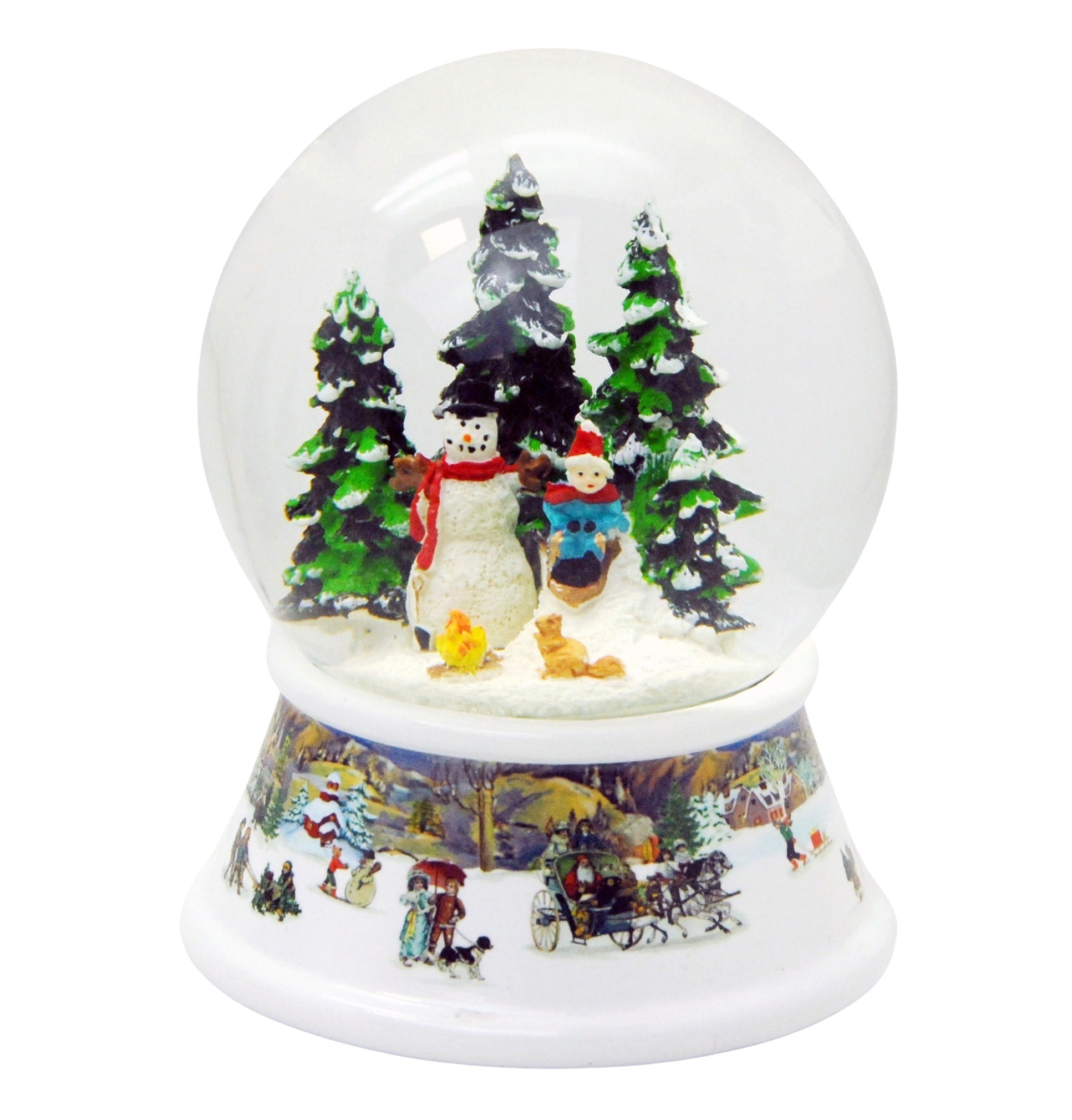 Schneekugel Schneemann steht vor Lagerfeuer auf Sockel nostalgische Winterlandschaft mit Spieluhr 10 cm Durchmesser - Schneekugelhaus