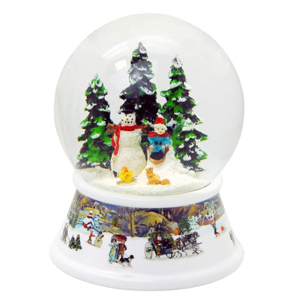 Schneekugel Schneemann steht vor Lagerfeuer auf Sockel nostalgische Winterlandschaft mit Spieluhr 10 cm Durchmesser - Schneekugelhaus