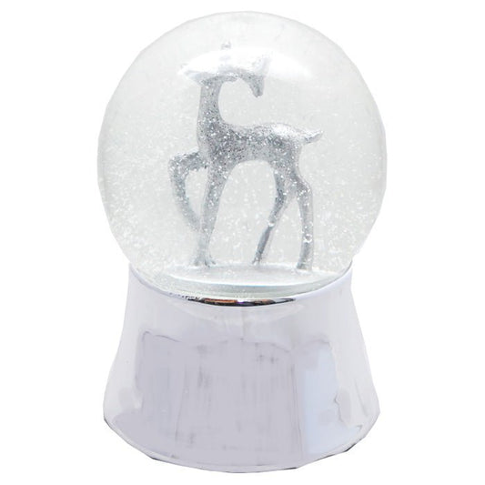 Schneekugel Silber Reh auf silber Sockel mit Spieluhr Winter Wonderland 10 cm Durchmesser - Schneekugelhaus