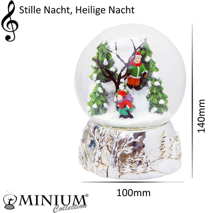 Schneekugel Skifahrer auf Silber Sockel Landschaft mit Spieluhr Stille Nacht, Heilige Nacht - Schneekugelhaus
