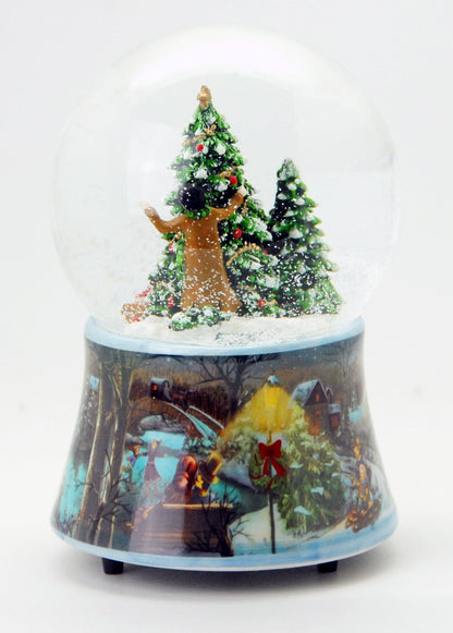 Schneekugel Tannenbaum schmücken auf Sockel Weihnachtsmarkt mit Spieluhr Jingle Bells 10 cm Durchmesser - Schneekugelhaus