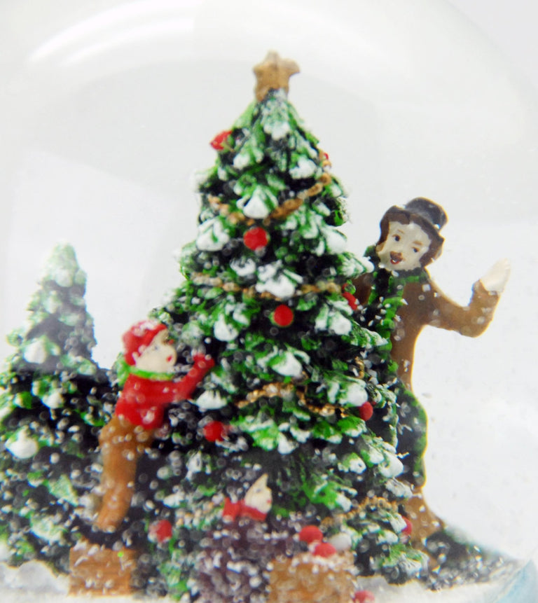 Schneekugel Tannenbaum schmücken auf Sockel Weihnachtsmarkt mit Spieluhr Jingle Bells 10 cm Durchmesser - Schneekugelhaus
