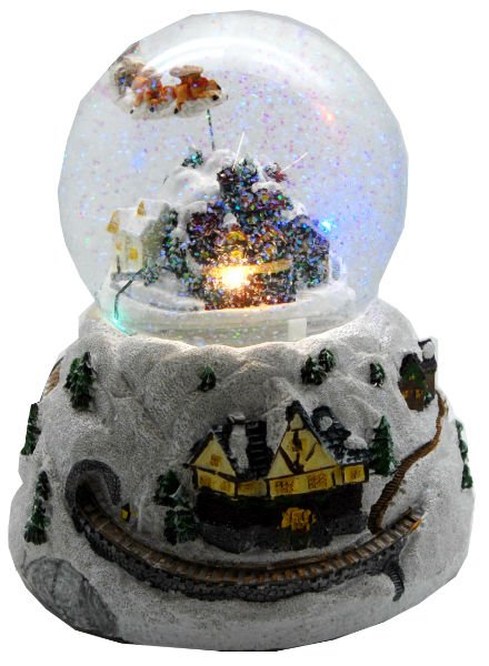 Schneekugel Weihnacht Fliegender Santa mit Drehspieluhr Snowmotion und LED - Schneekugelhaus