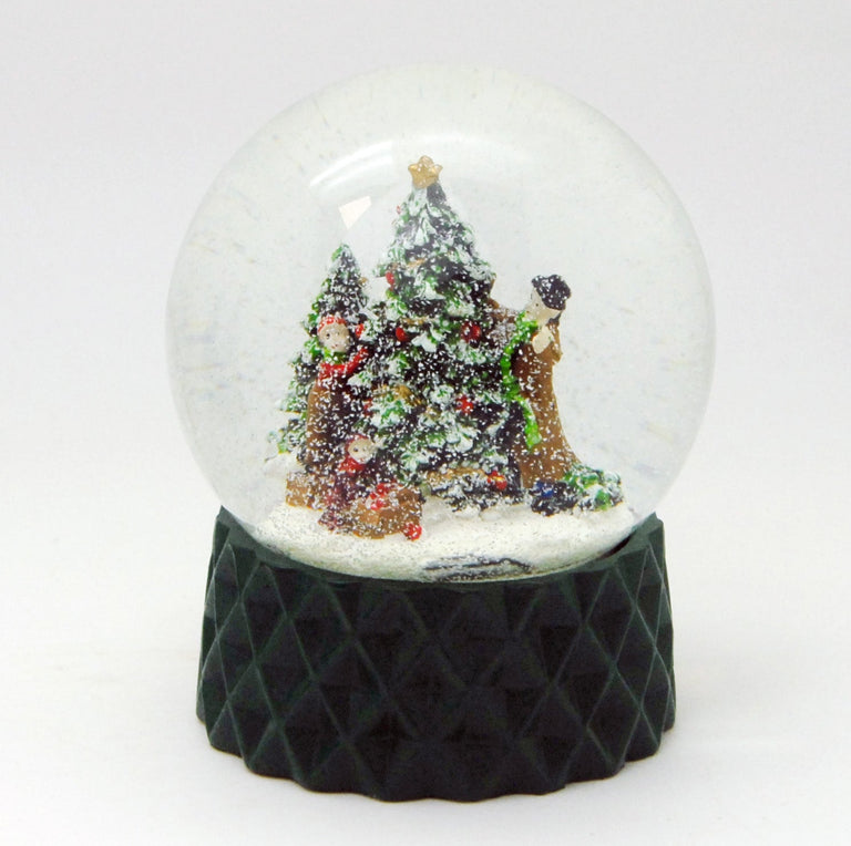 Schneekugel Weihnachtsbaum schmücken auf Sockel dunkelgrün kubisch "PURE-Line" 10 cm Durchmesser - Schneekugelhaus